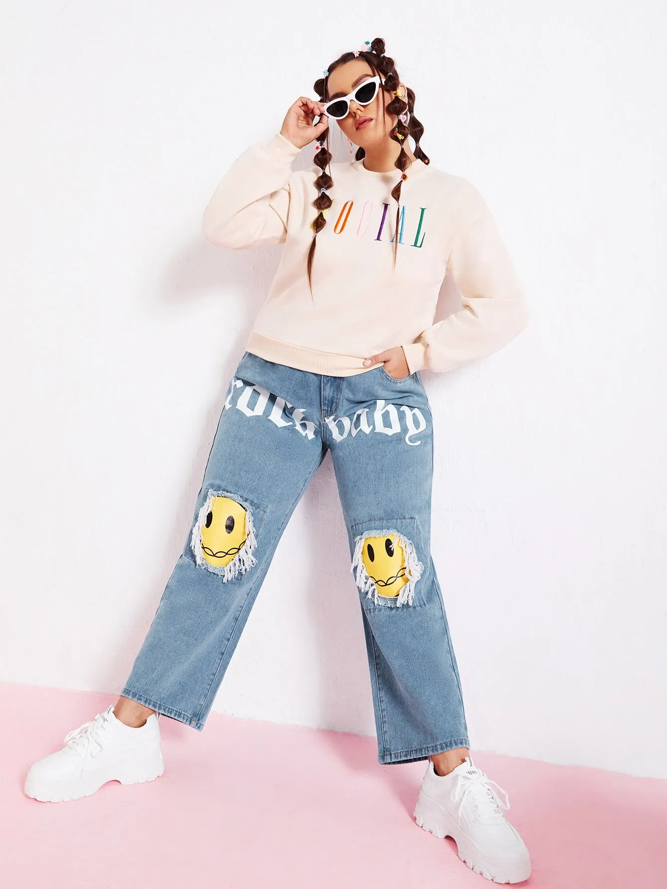 Letter Zipper High Waist Long Plus Size Jeans