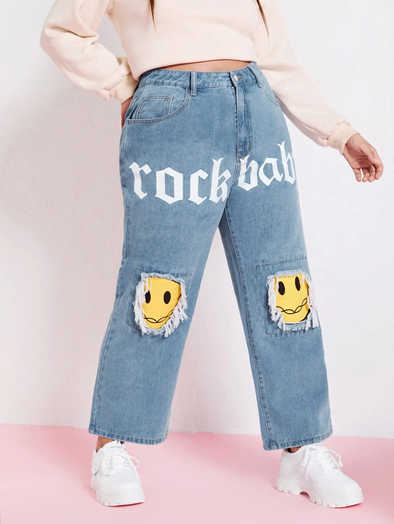 Letter Zipper High Waist Long Plus Size Jeans