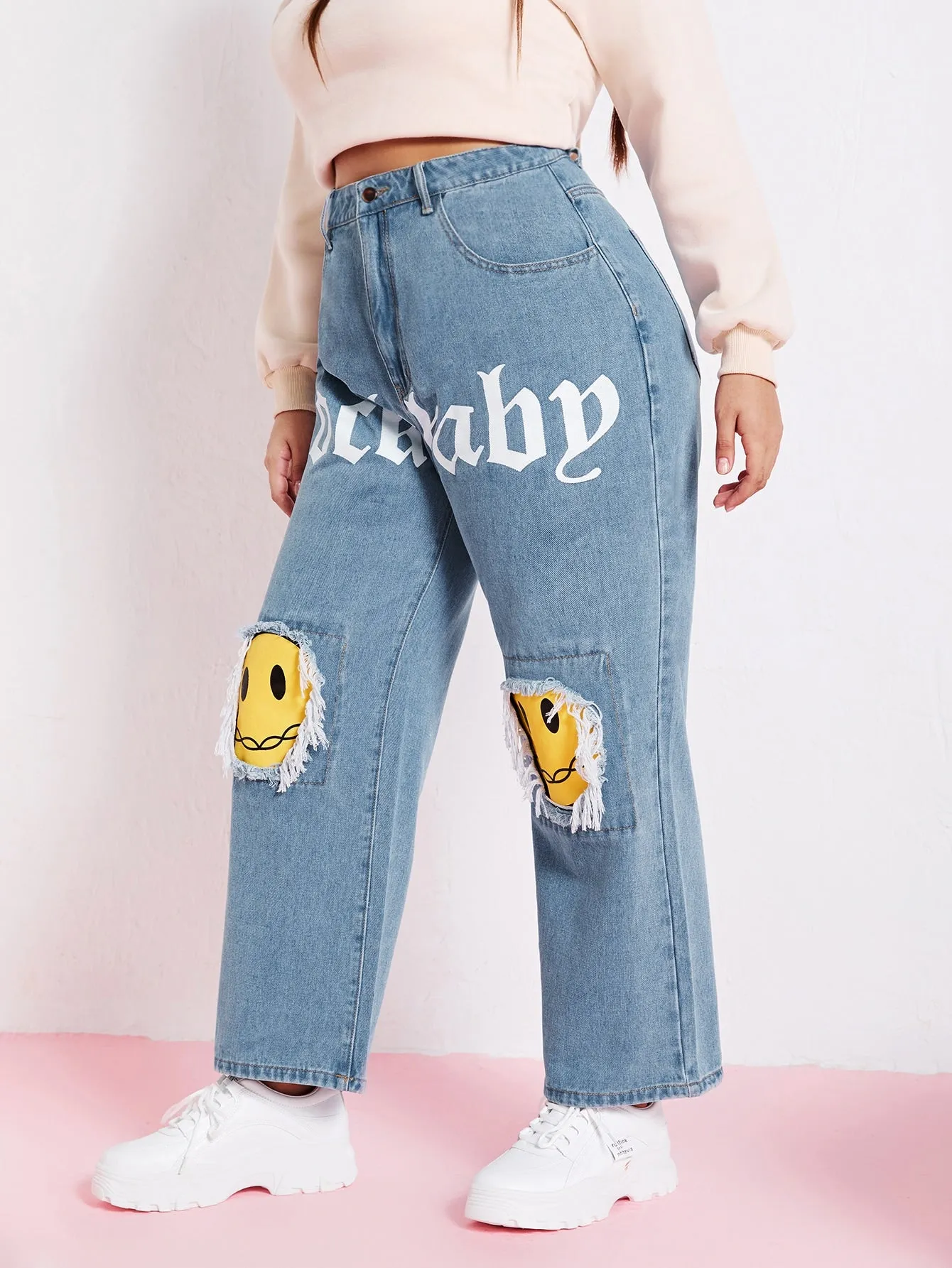 Letter Zipper High Waist Long Plus Size Jeans