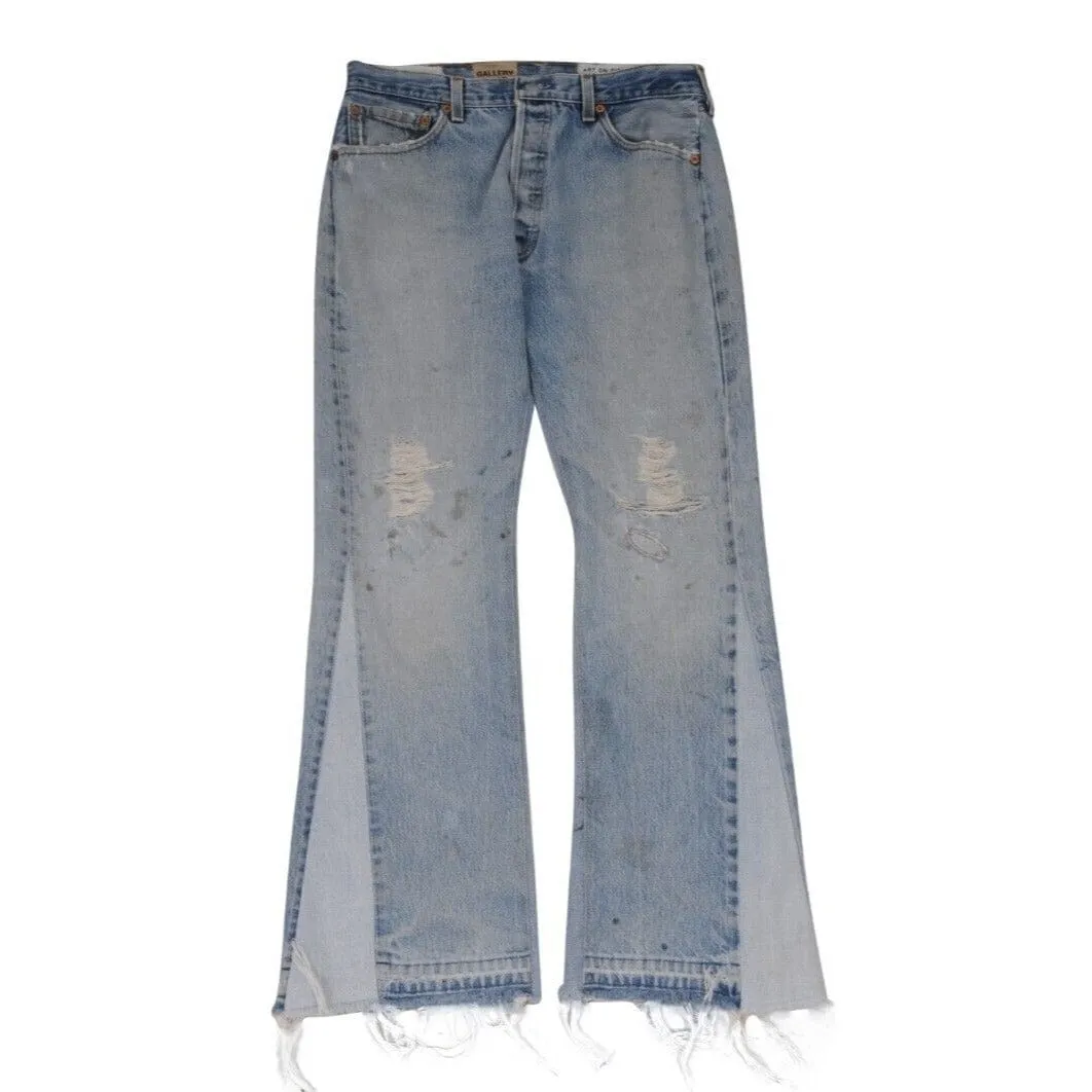 Light Wash Blue Oil Stain Distressed Denim La Flare Jeans