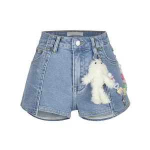 Logo Bead Chain Denim Shorts in Blue