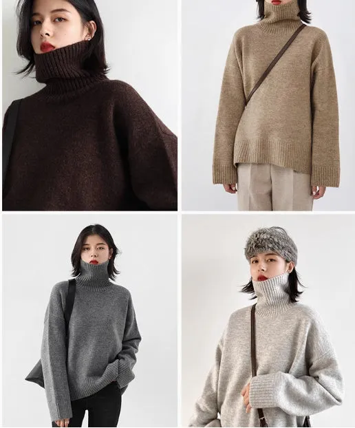 Loose Turtleneck Sweater With Warm Solid Color Underwear In Winter