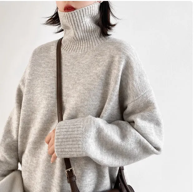 Loose Turtleneck Sweater With Warm Solid Color Underwear In Winter