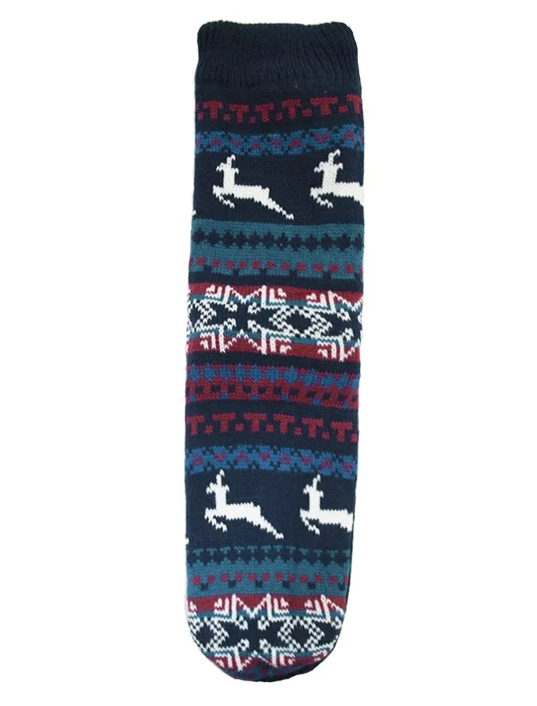 Mens Theodore Fleece Lined Fairisle Reindeer Knit Slipper Socks in Navy