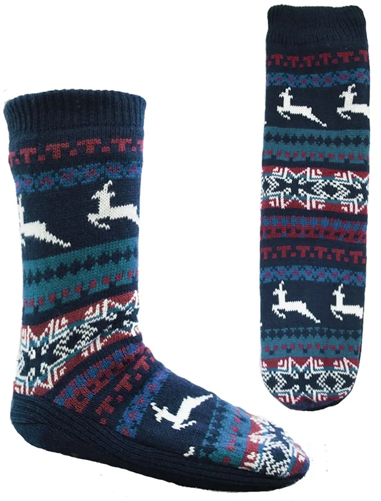 Mens Theodore Fleece Lined Fairisle Reindeer Knit Slipper Socks in Navy