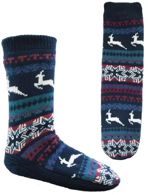 Mens Theodore Fleece Lined Fairisle Reindeer Knit Slipper Socks in Navy