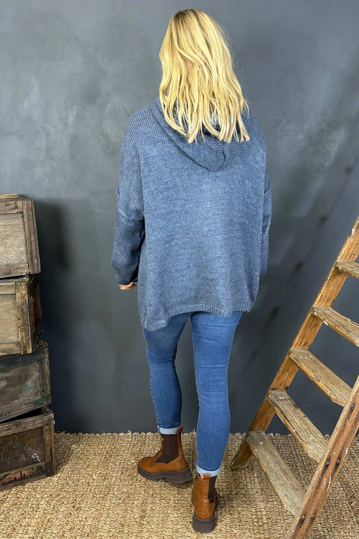 Minerva Hooded Knitted Jumper Denim Blue