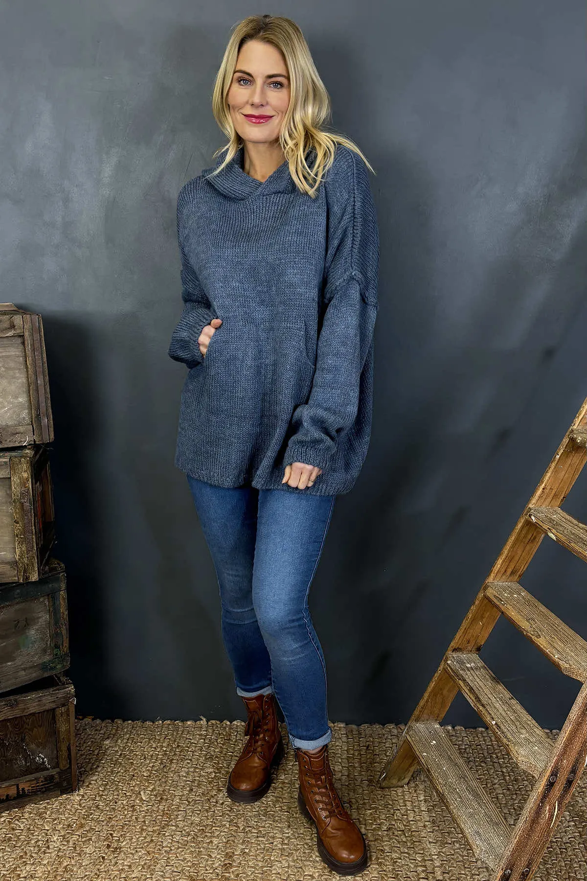 Minerva Hooded Knitted Jumper Denim Blue