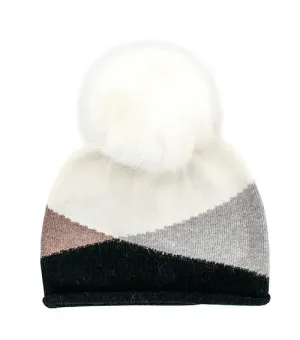 Mitchie's | Knit Zigzag Sparkle Hat with Crystals & Fox Fur Pompom | Women's