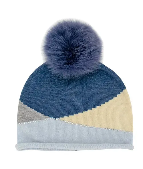 Mitchie's | Knit Zigzag Sparkle Hat with Crystals & Fox Fur Pompom | Women's