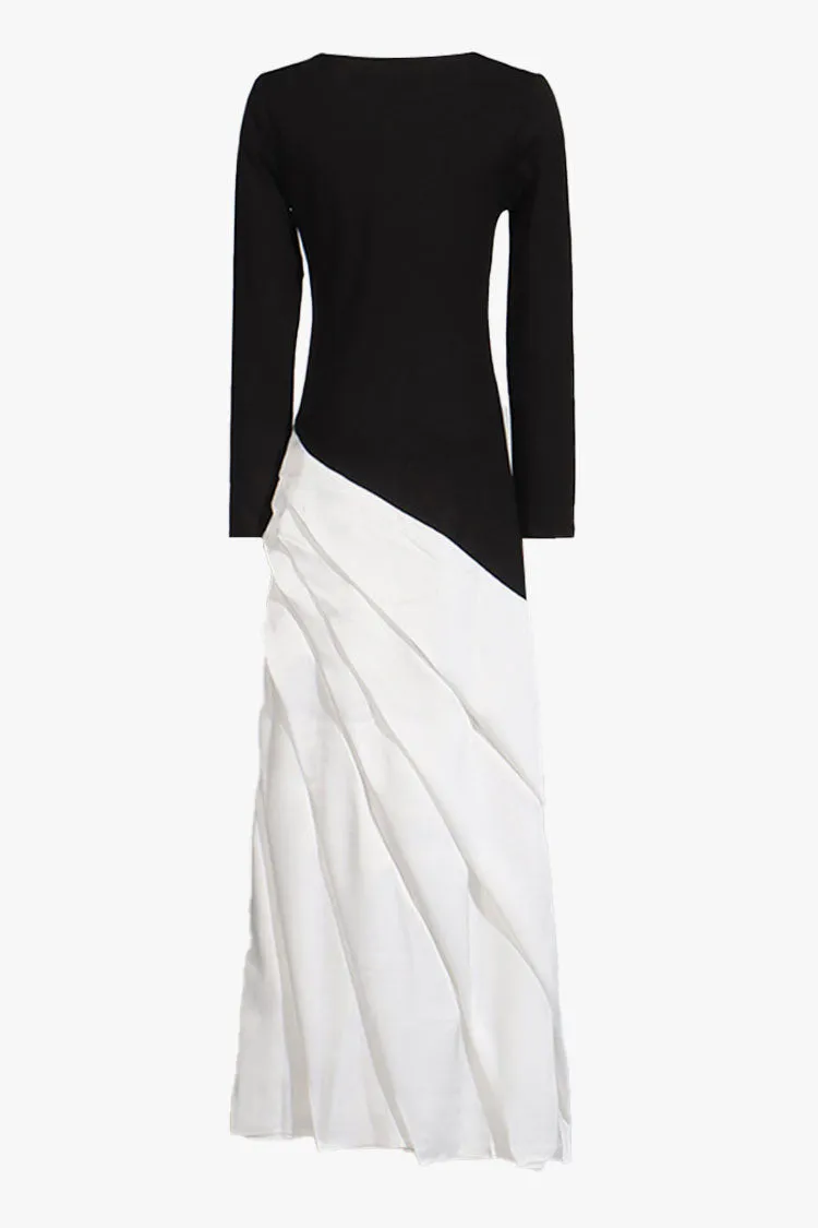 Monochromatic Crew neck Long Sleeve Satin Panel Pleated Evening Maxi Dress