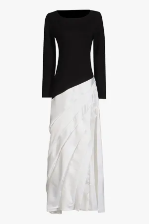 Monochromatic Crew neck Long Sleeve Satin Panel Pleated Evening Maxi Dress