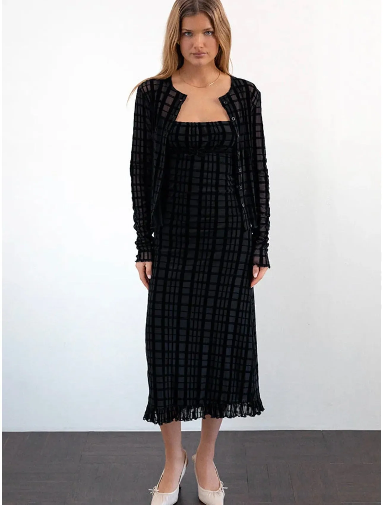 Nateda Dress-Tonal Check Flock Black