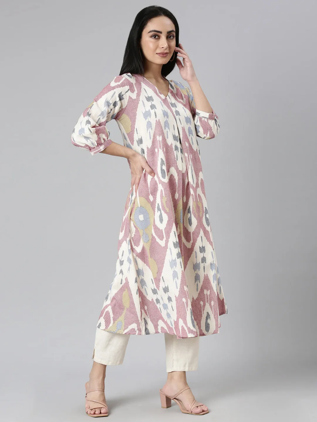 Neerus Pink Regular Straight Printed Kurta and Trousers