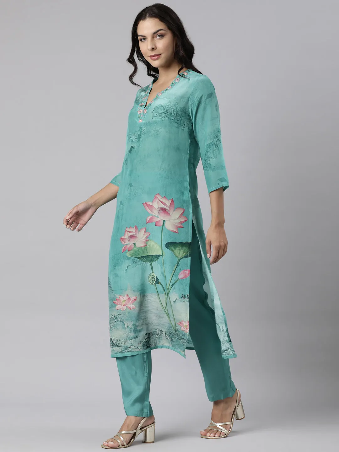 Neerus Sea Green Panelled Straight Printed Kurta And Trousers With Dupatta