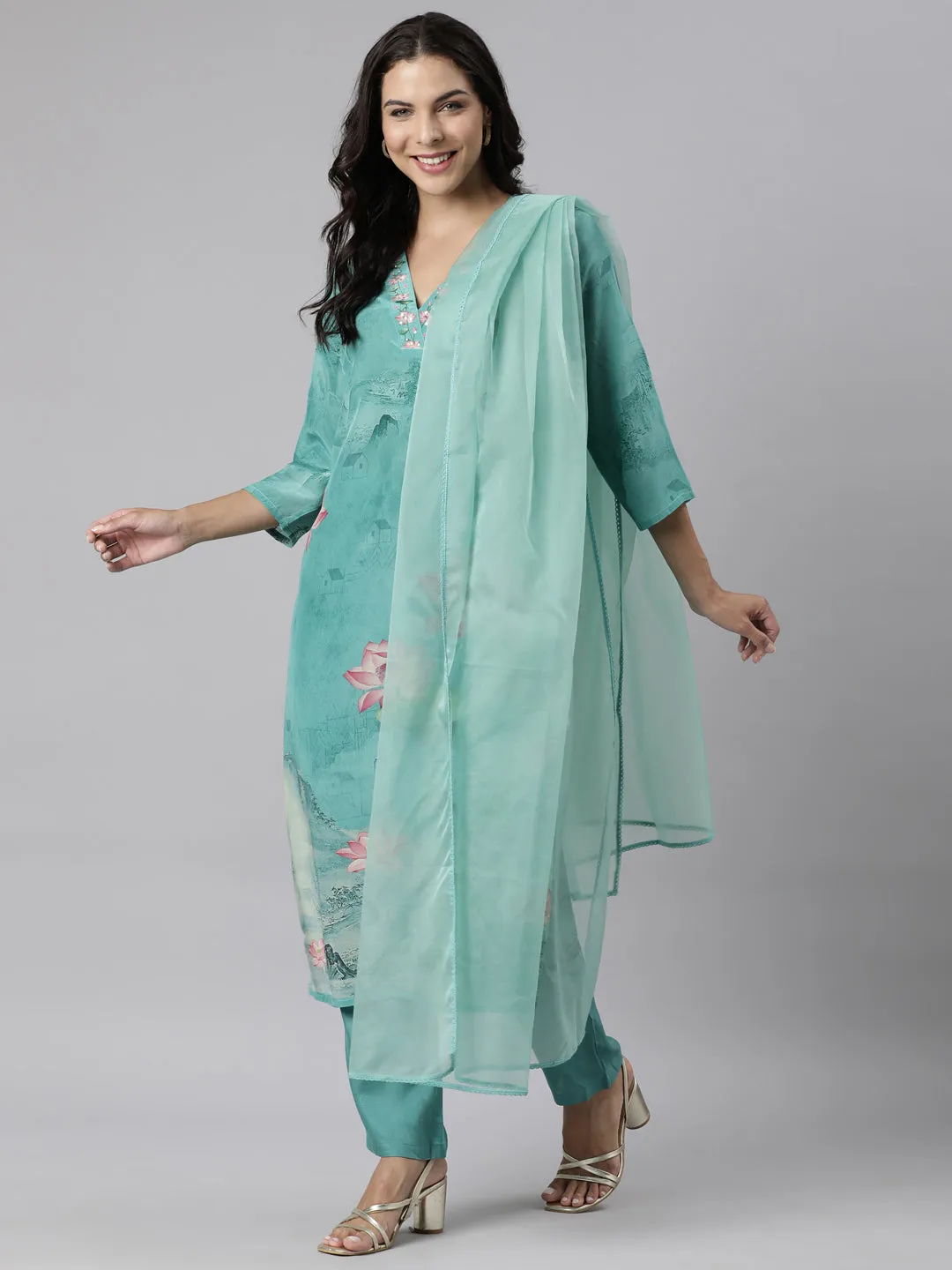 Neerus Sea Green Panelled Straight Printed Kurta And Trousers With Dupatta