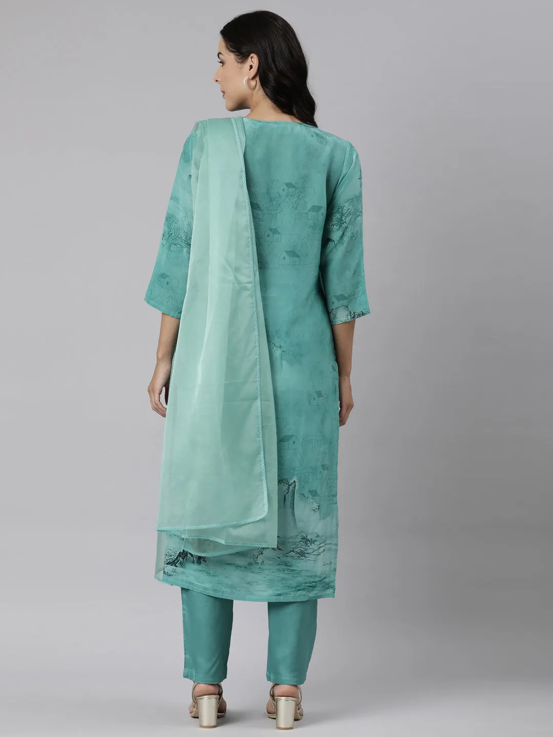 Neerus Sea Green Panelled Straight Printed Kurta And Trousers With Dupatta