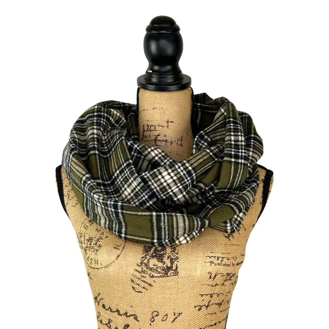 Olive Green, Black, White Plaid Flannel Infinity or Blanket Scarf