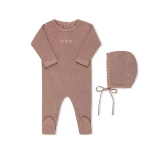 one piece chunky knit x stitch footie with bonnet - mauve