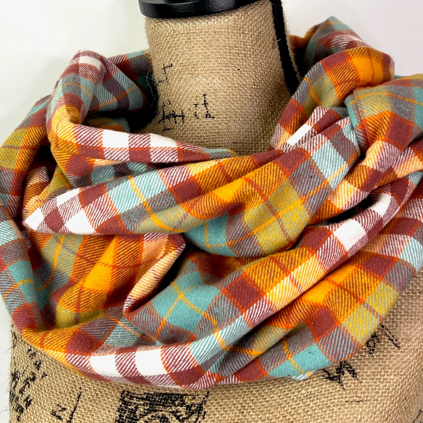 Orange, Rust, Teal and White Luxe Collection Plaid Infinity and Blanket Scarves