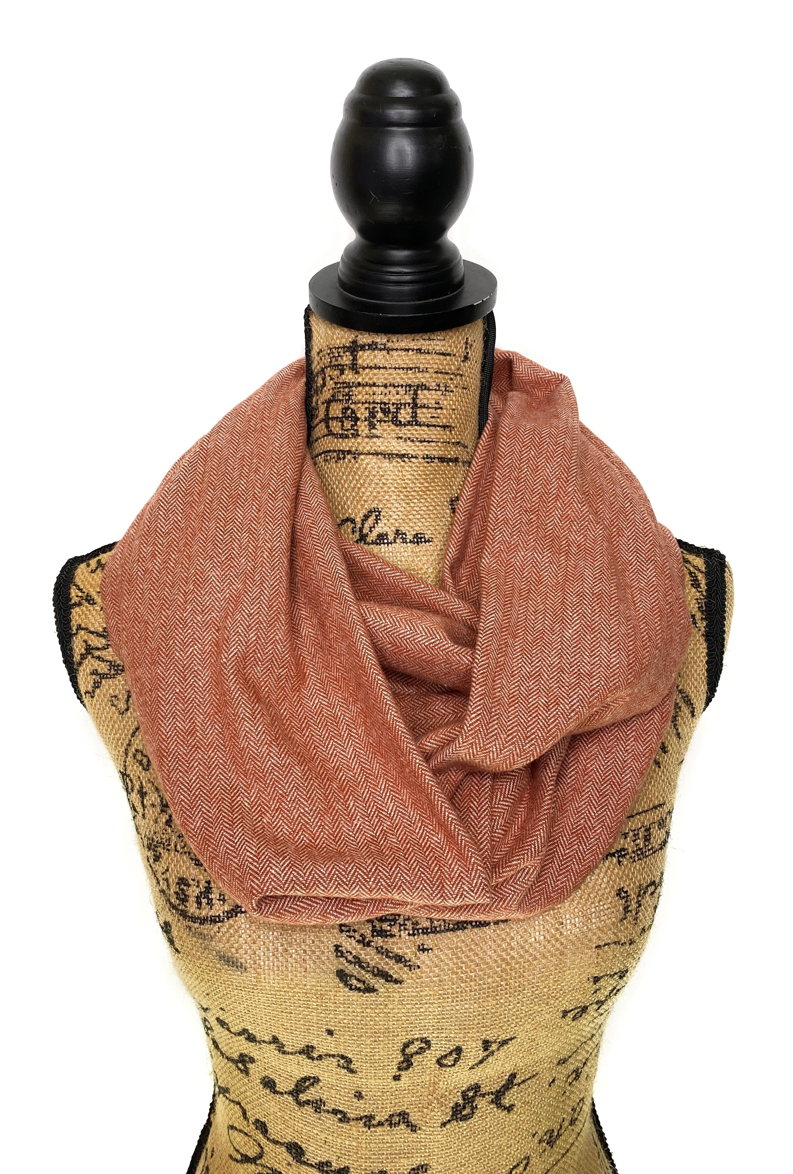 Persimmon Red-Orange and Cream Herringbone Weave Plaid Infinity and Blanket Scarves