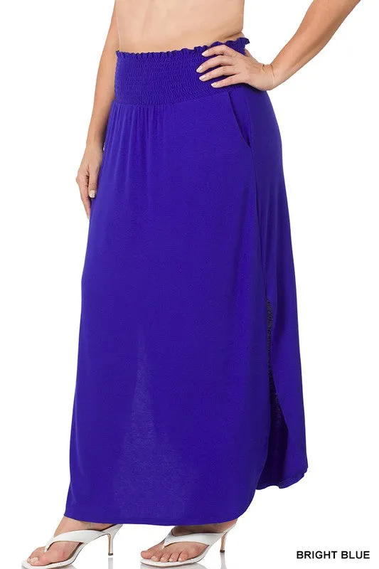 PLUS SMOCKED WAIST SIDE SLIT MAXI SKIRT