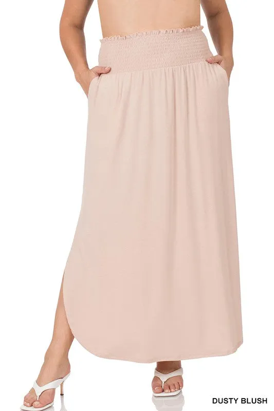 PLUS SMOCKED WAIST SIDE SLIT MAXI SKIRT