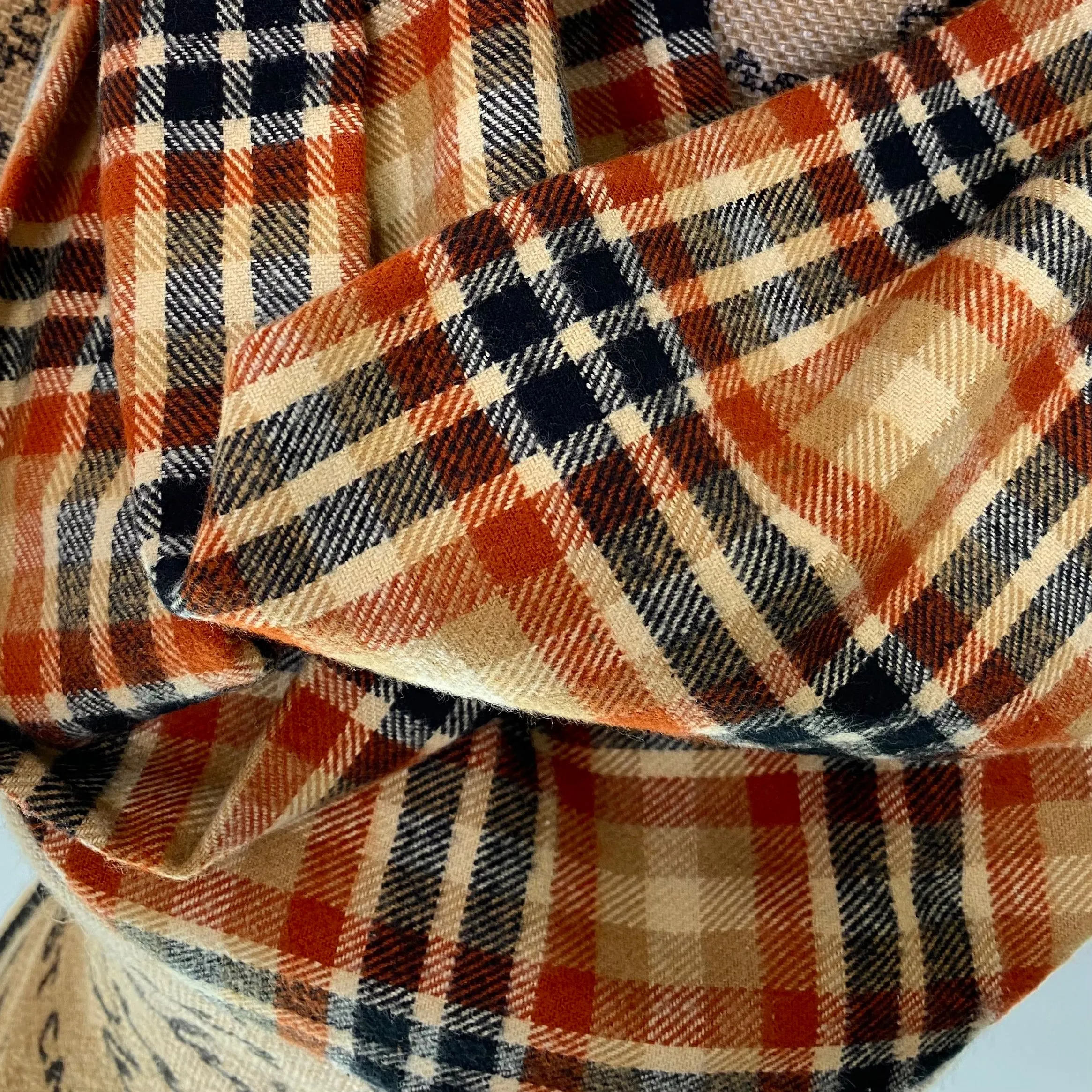 Pumpkin Spice Plaid - Fall Colors of Rusty Orange, Tan, Oatmeal Cream, and Black Plaid Infinity and Blanket Scarves