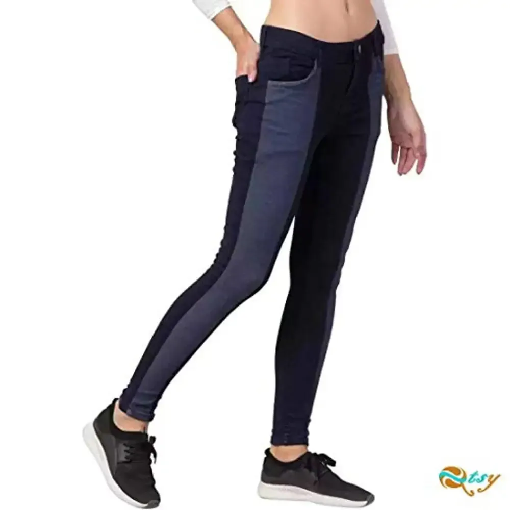 Qtsy Women's Slim Fit Jeans Washed Dual Tone Color Denim Blue