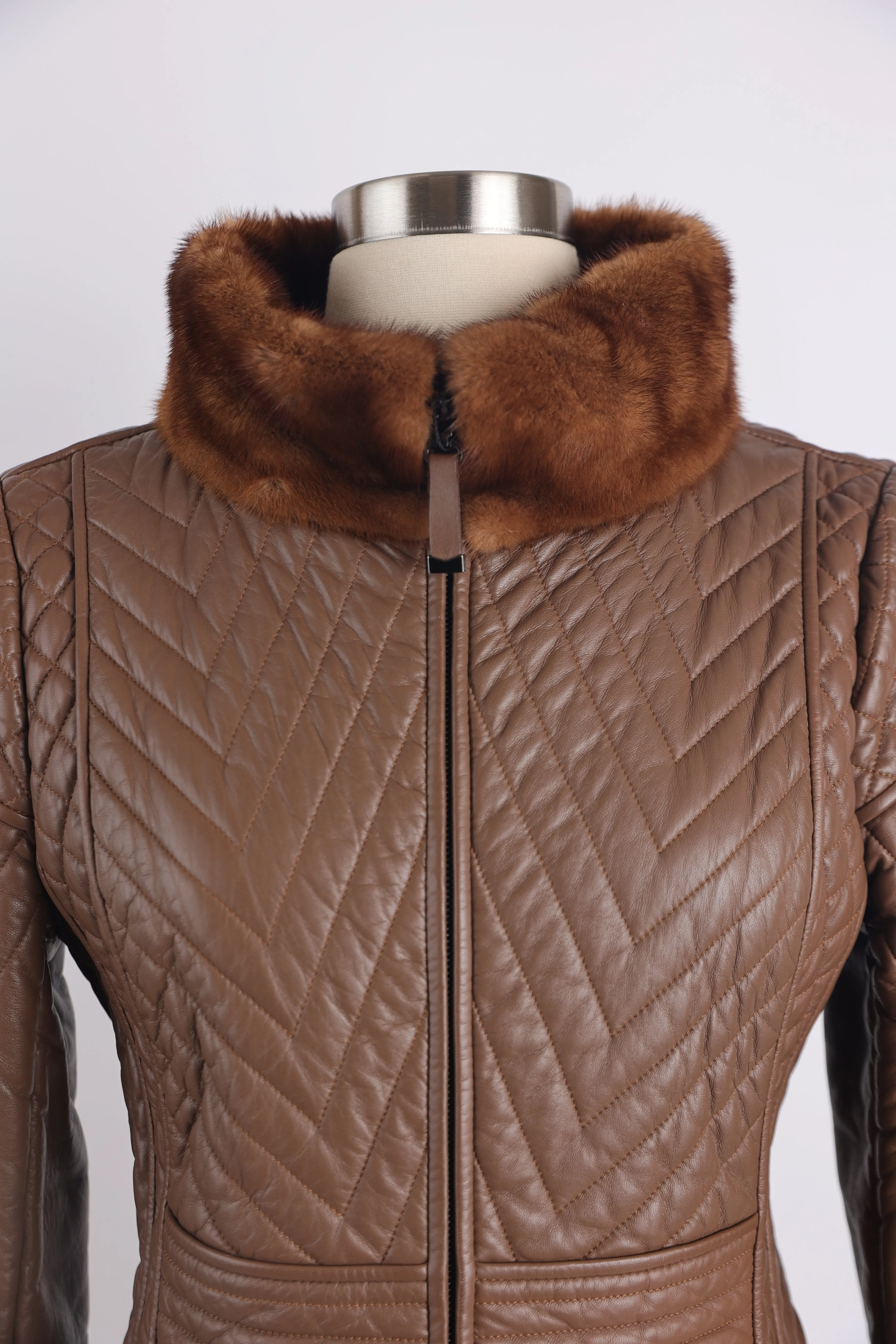 Quilted Leather Coat W/ Mink Collar