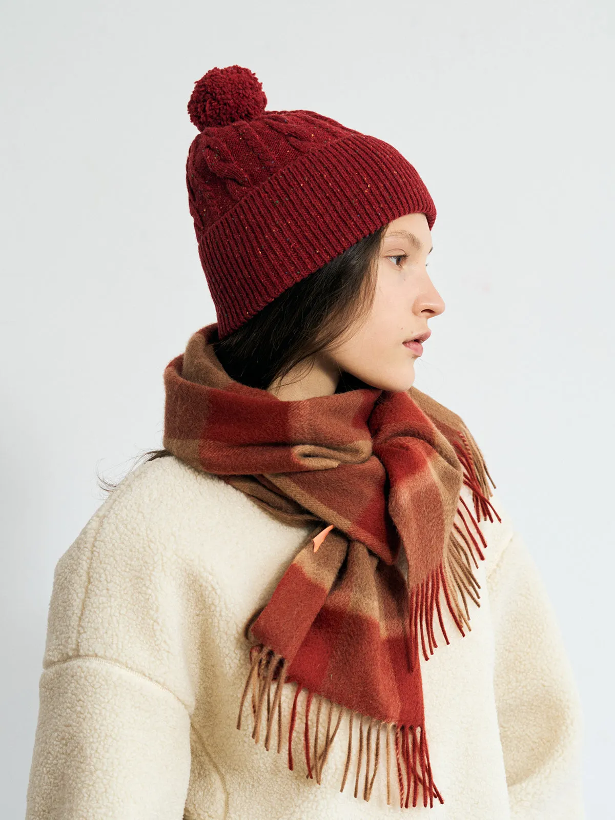 "Pom Pom" Cable Knit Wool Beanie Hat - Wine Red