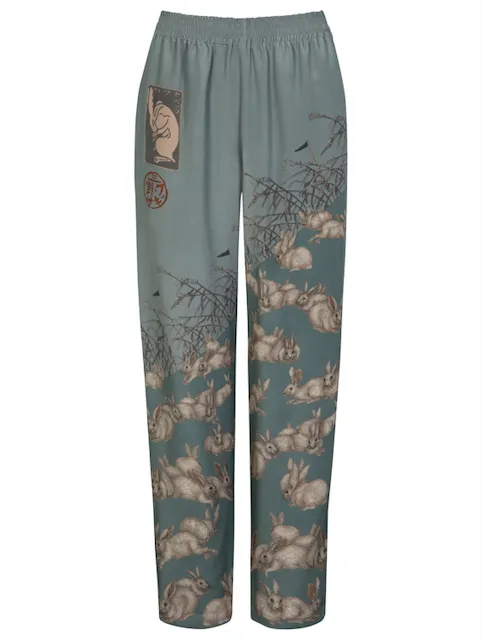 "The Floating Rabbits" Silk Marocain Lounge Trousers Cameo/Rice