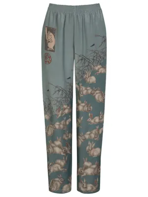 "The Floating Rabbits" Silk Marocain Lounge Trousers Cameo/Rice