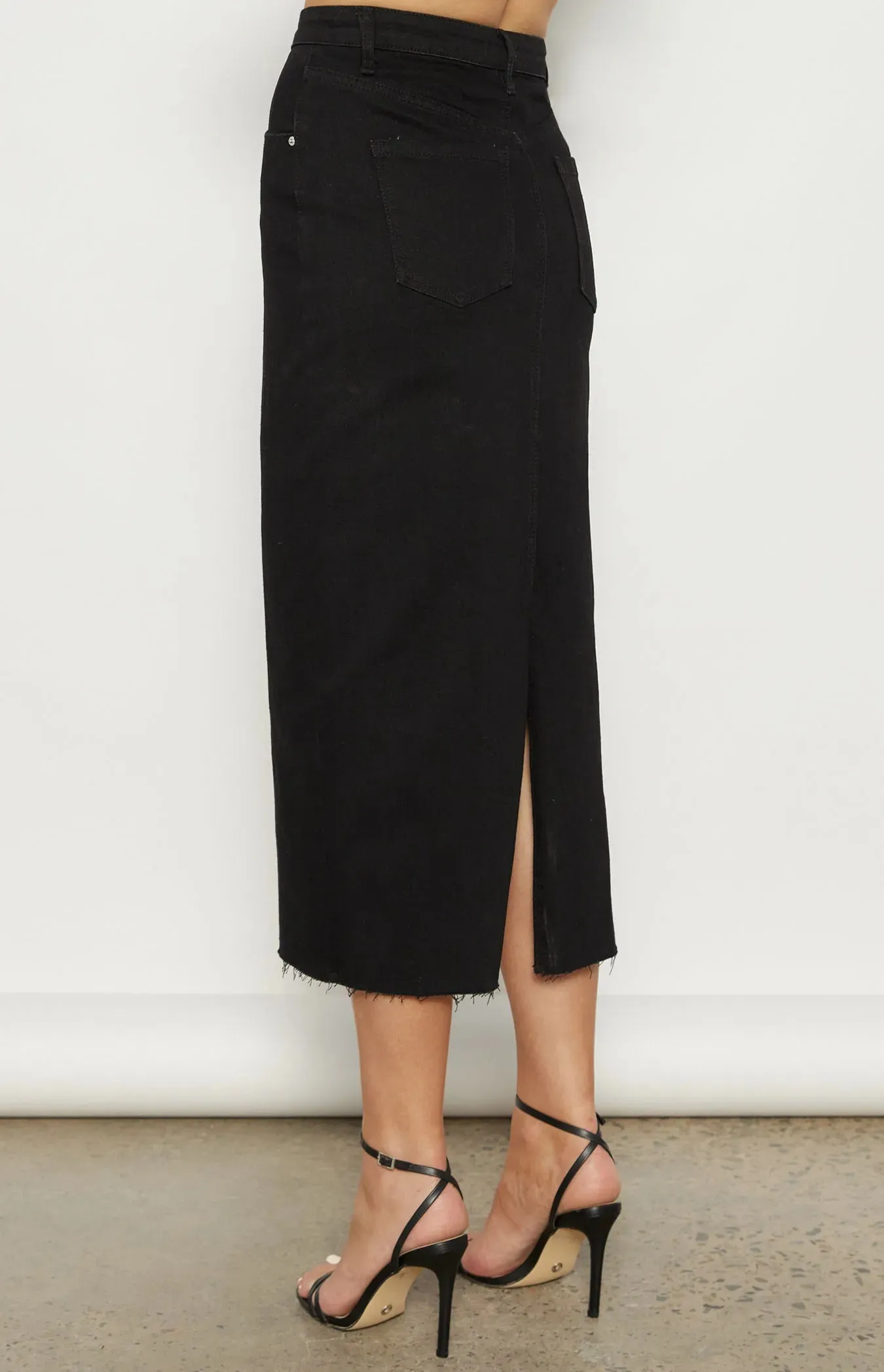 Raw Edge Denim Midi Skirt - Black