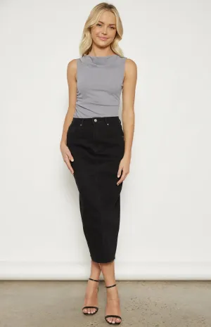 Raw Edge Denim Midi Skirt - Black