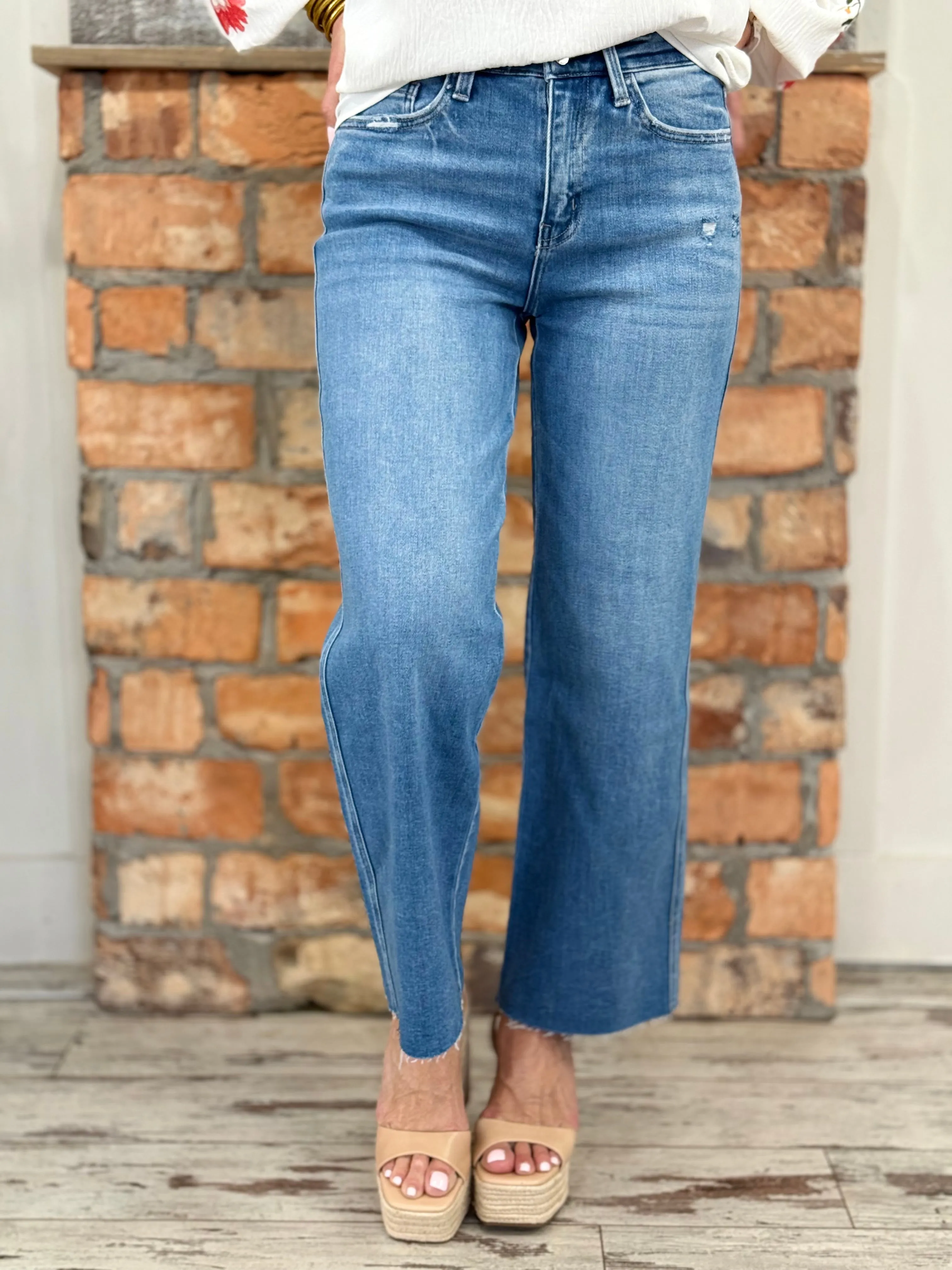 Raw Hem Slim Wide Leg Jeans