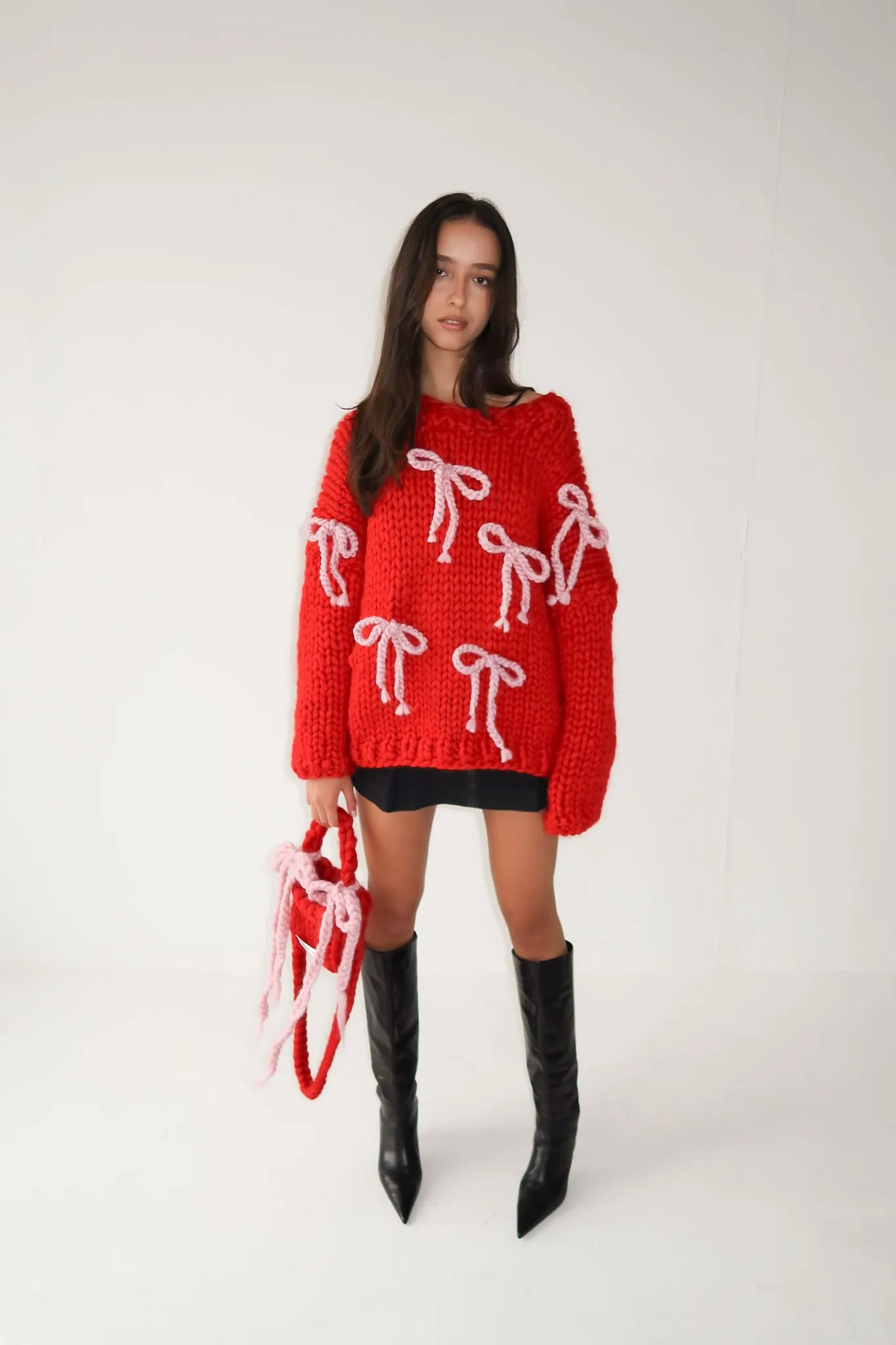 Red Chunky Bow Knit Sweater