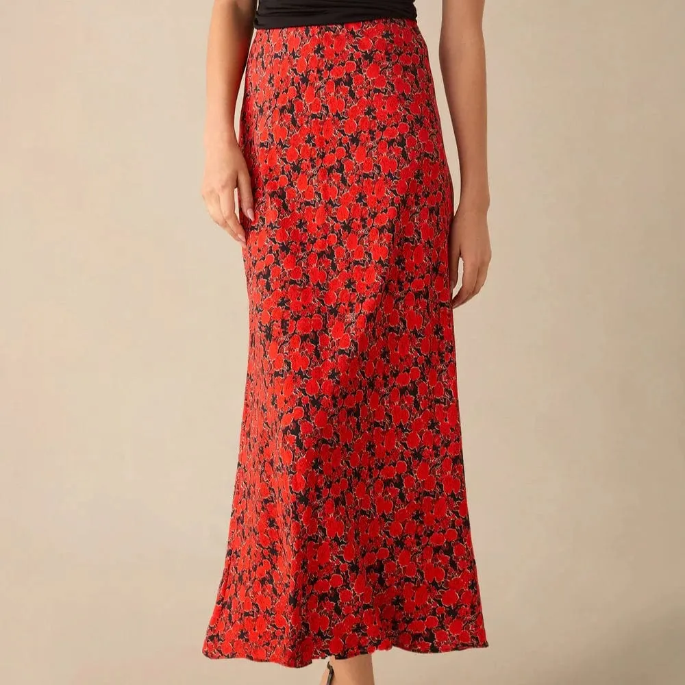 Ro&Zo Blurred Floral Print Bias Cut Maxi Skirt In Red