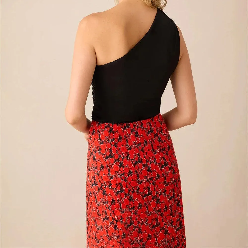 Ro&Zo Blurred Floral Print Bias Cut Maxi Skirt In Red