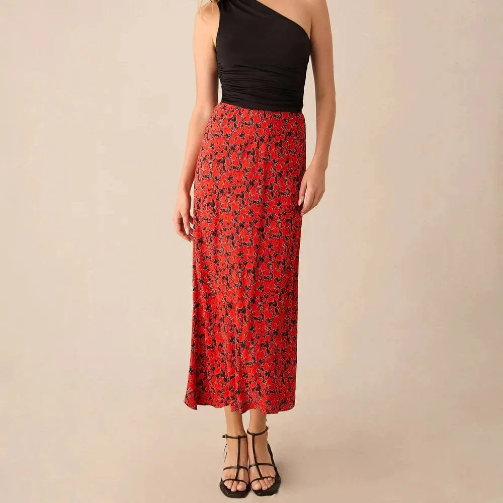 Ro&Zo Blurred Floral Print Bias Cut Maxi Skirt In Red