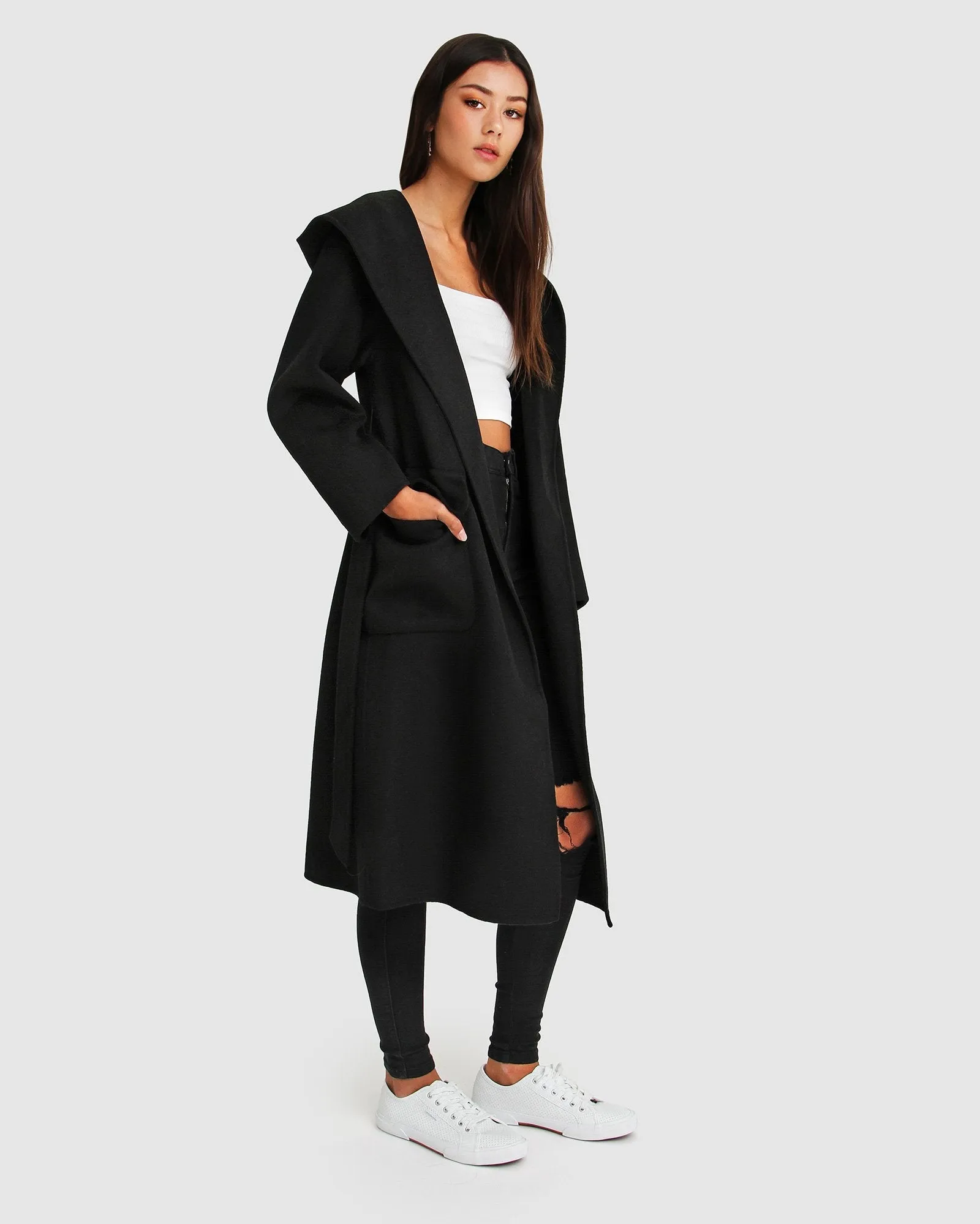 Runaway Wool Blend Robe Coat - Black