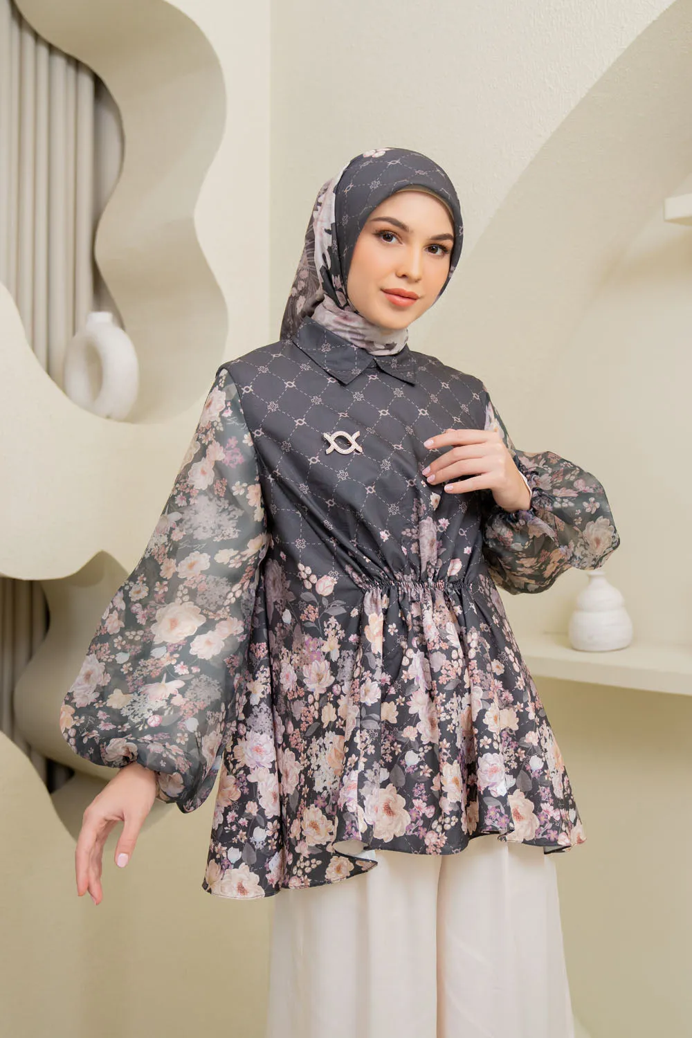 Sikka Blouse & Scarf Set Black Onyx