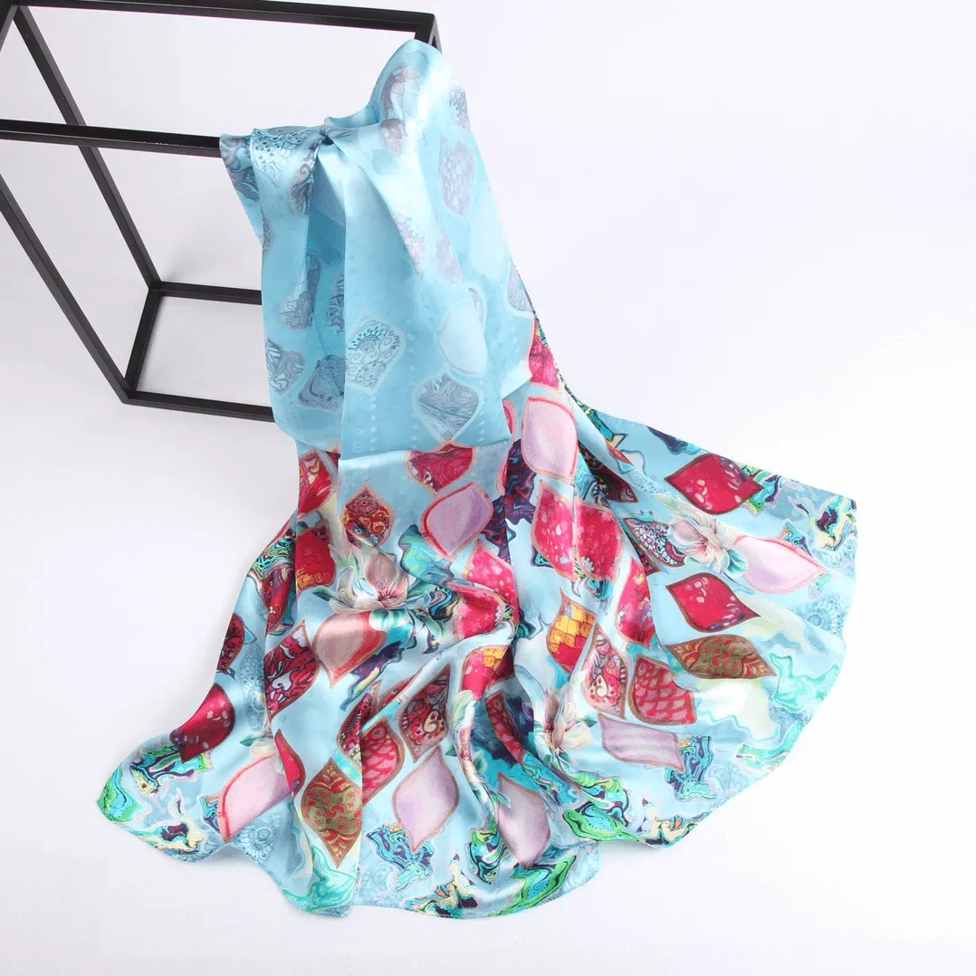 Silk Scarf Collections|Blossom Range|Tropical Sea design|Blue|Long Silk Scarf