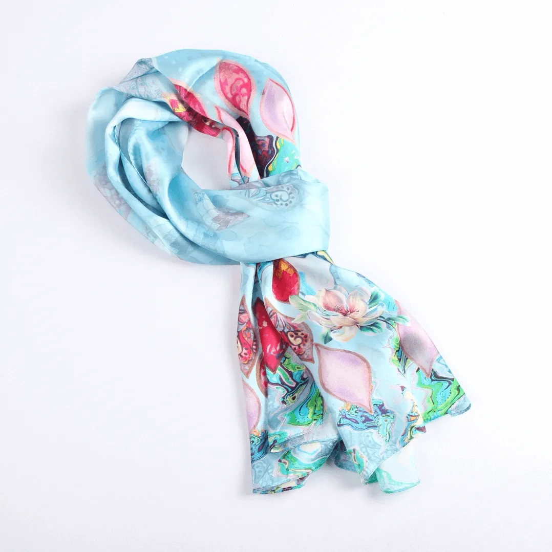 Silk Scarf Collections|Blossom Range|Tropical Sea design|Blue|Long Silk Scarf