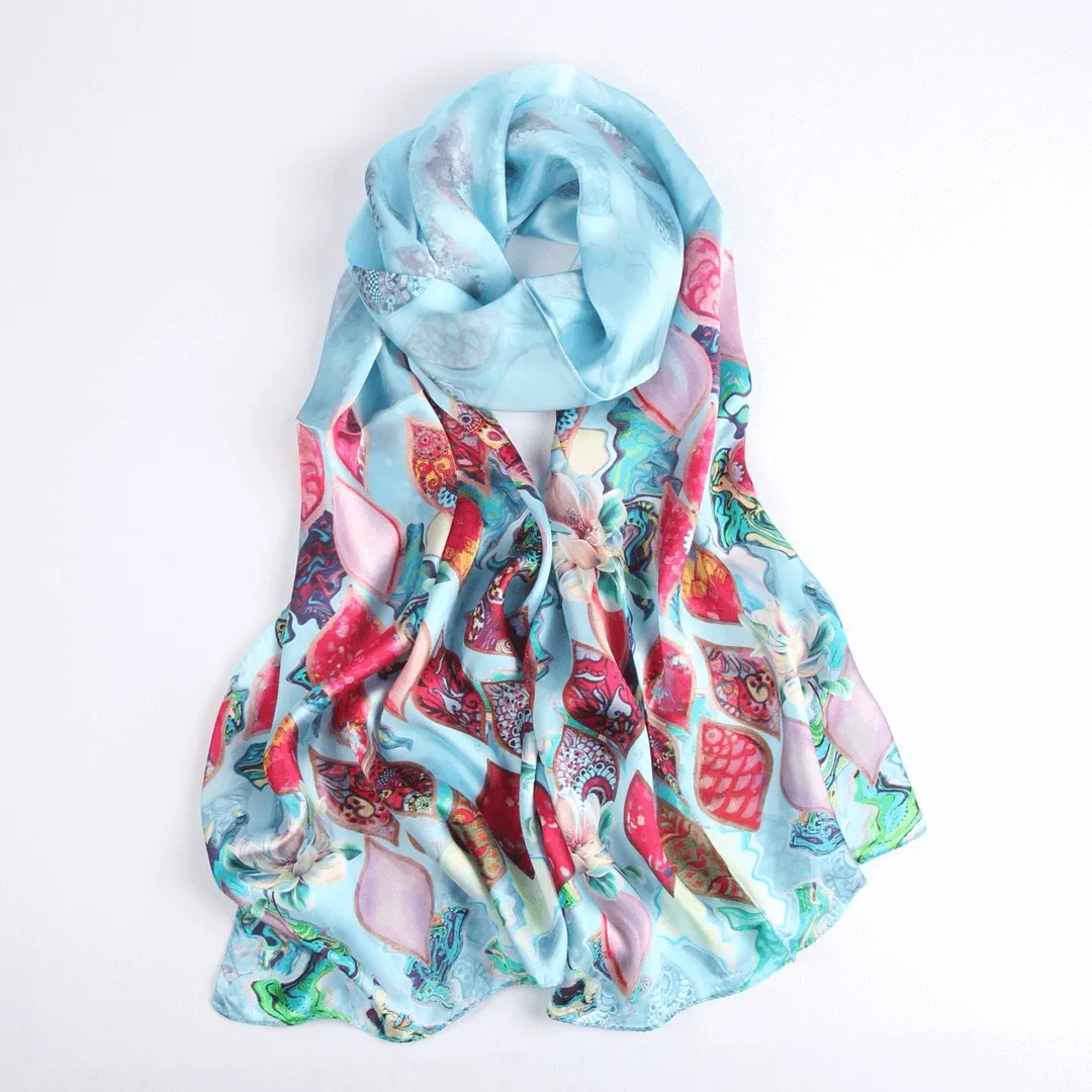 Silk Scarf Collections|Blossom Range|Tropical Sea design|Blue|Long Silk Scarf