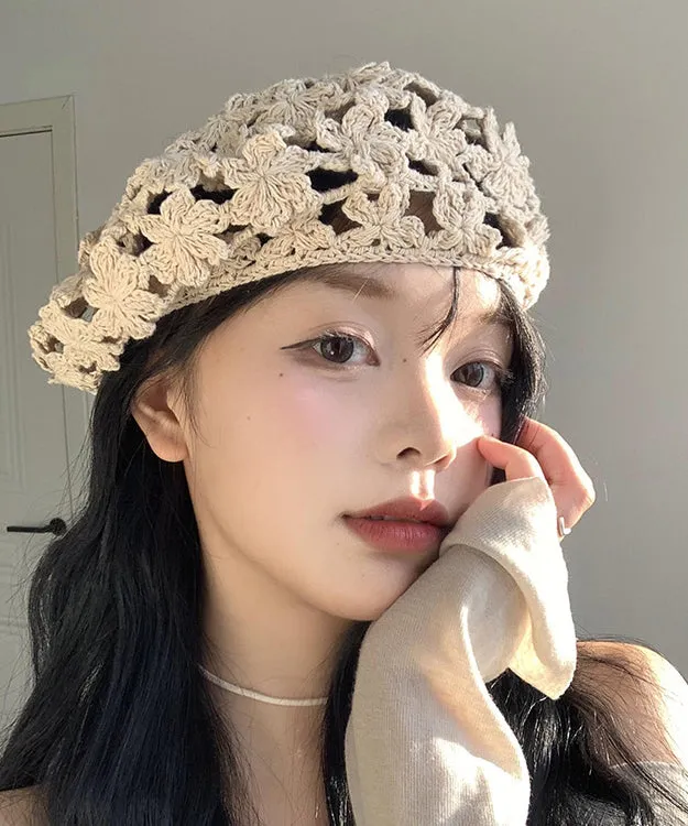 Stylish Beige Hollow Out  Floral Knit Beret Hat WB024