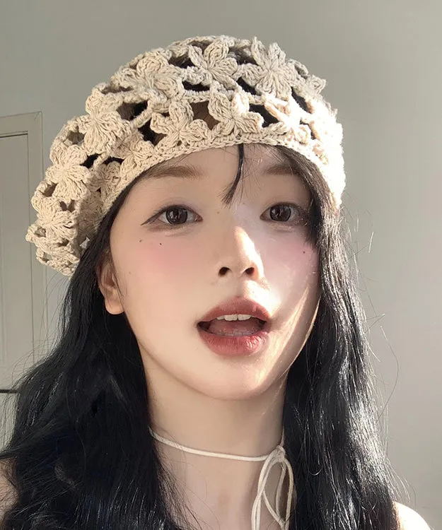 Stylish Beige Hollow Out  Floral Knit Beret Hat WB024