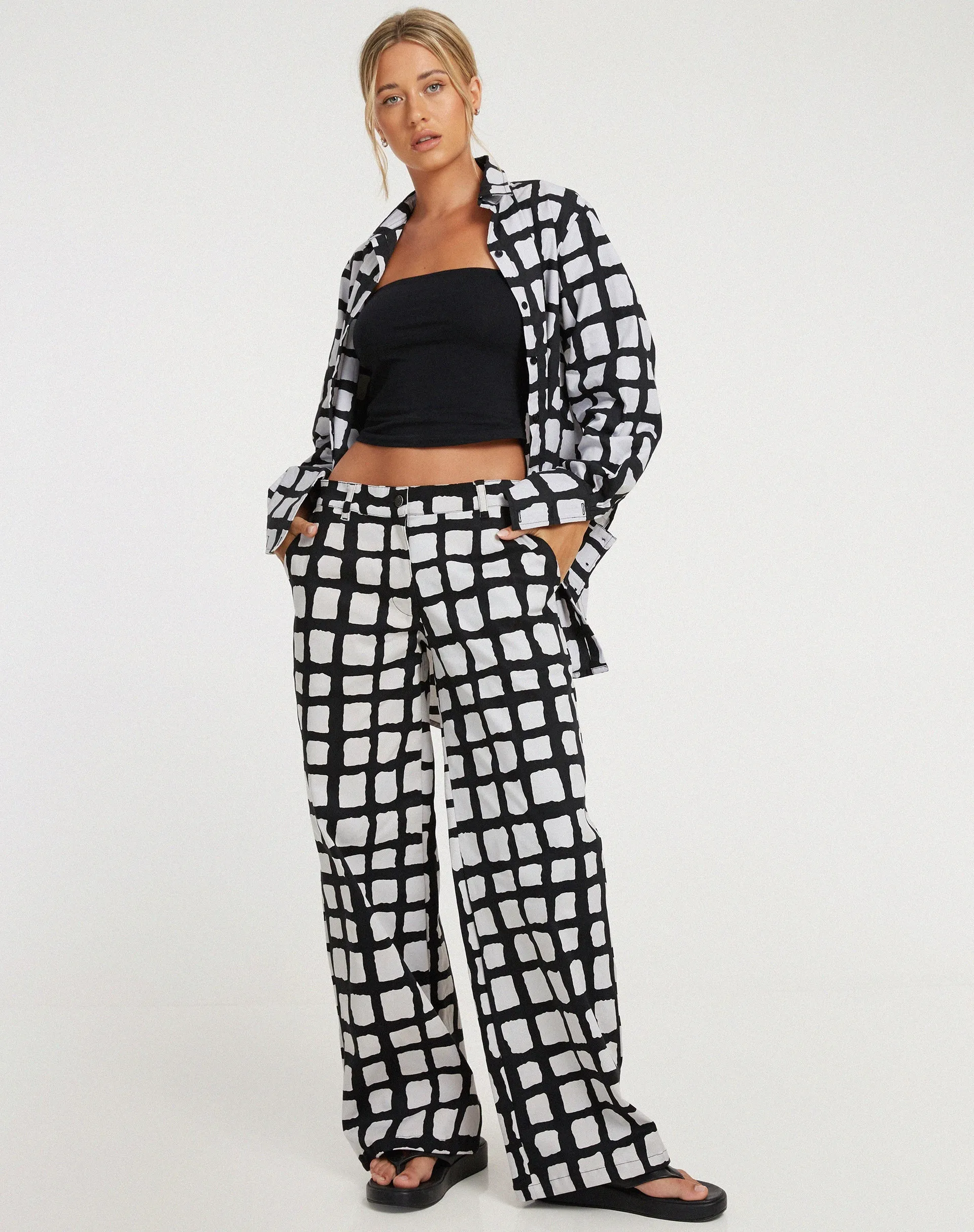 Suri Wide Leg Trousers in Mono Painted Check Black