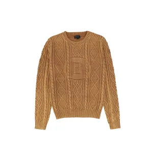 top l/s knit chunky washed logo - camel