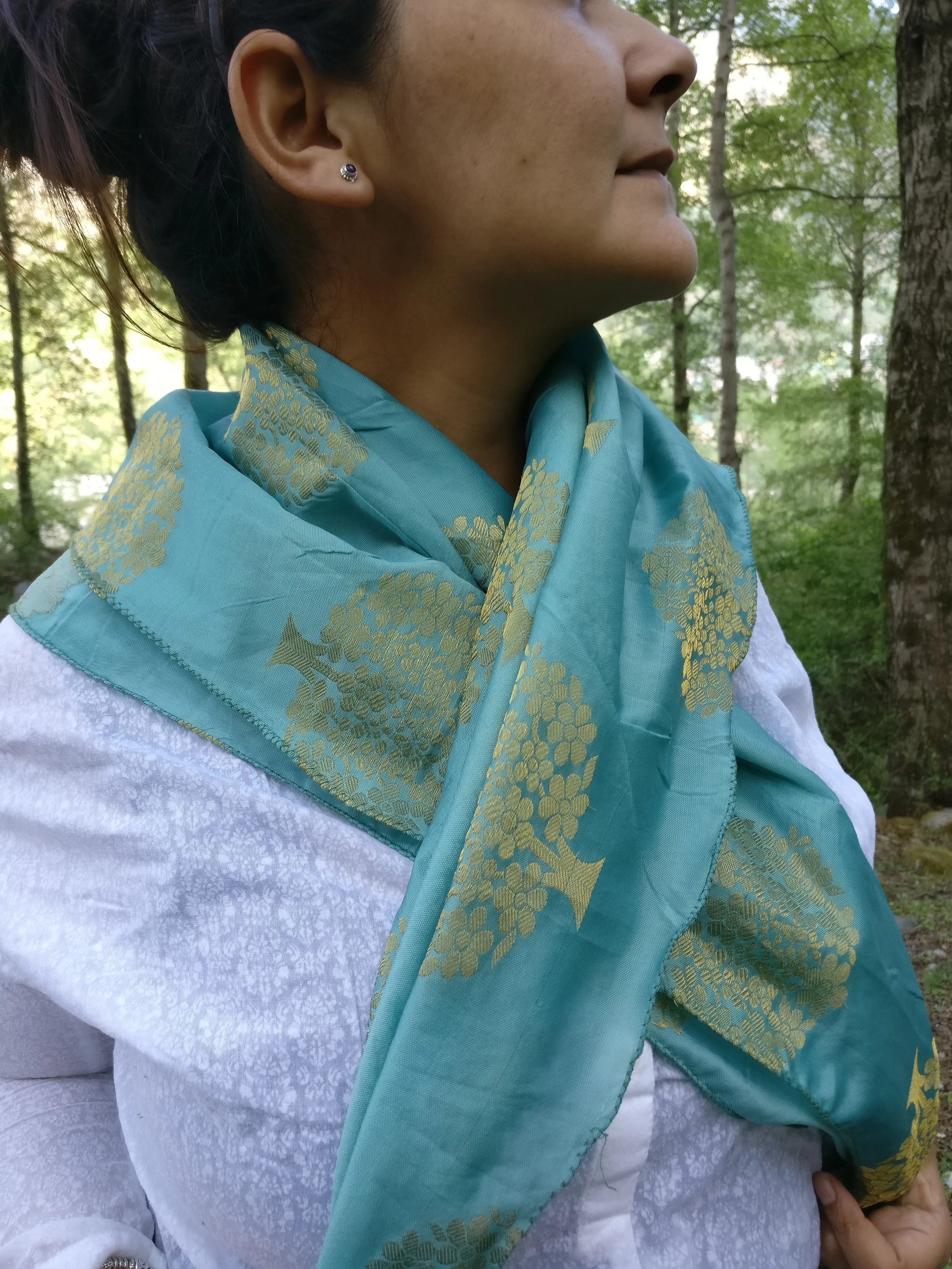 Turquoise Silk Scarf in Brocade